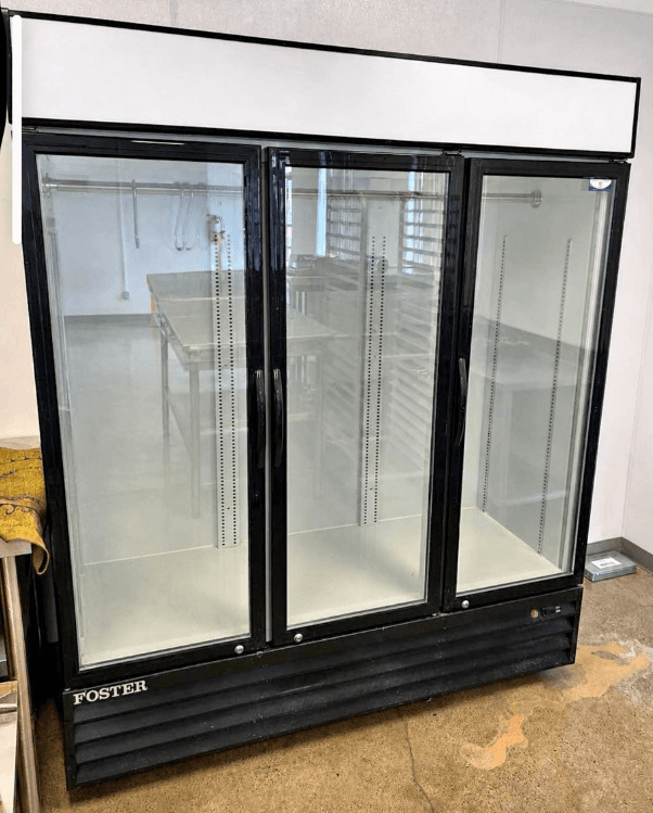 Foster three-door glass display refrigerator serviced by Aaron Cold Tech