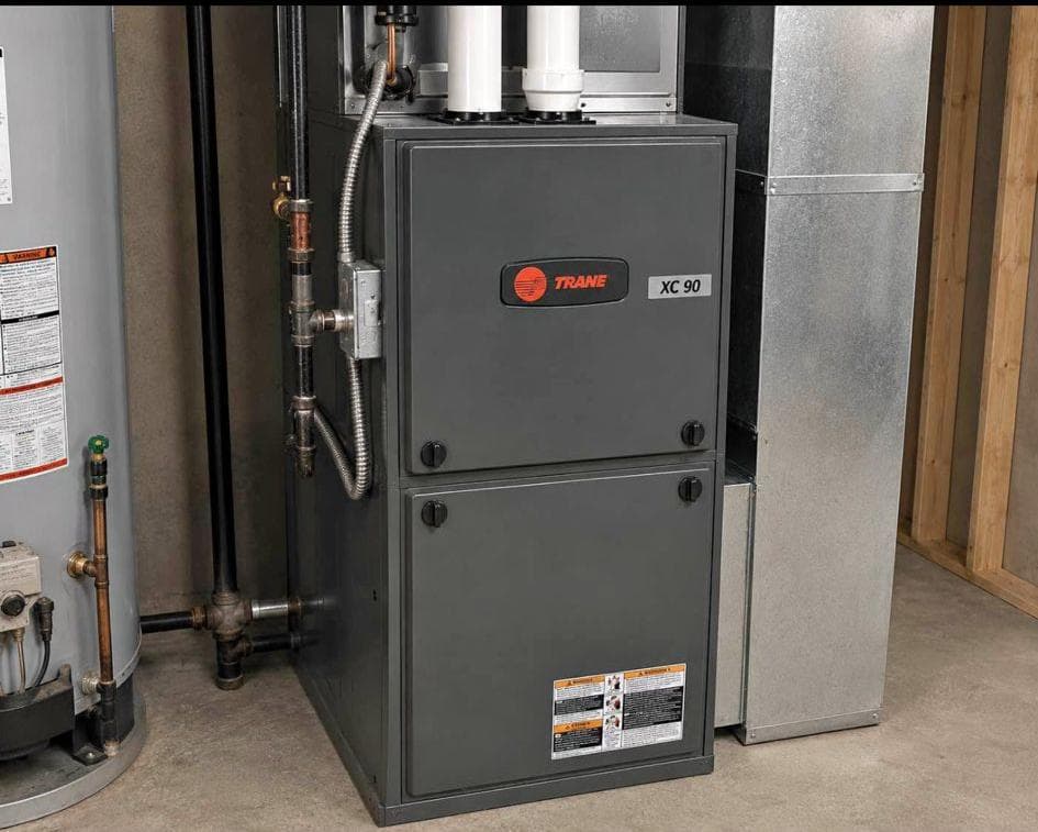 Trane XC90 furnace installed in mechanical room by Aaron Cold Tech